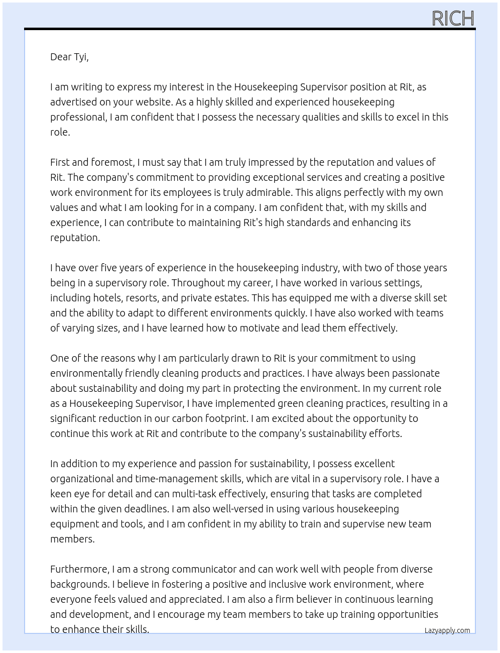 Housekeeping supervisor  At Rit Cover Letter