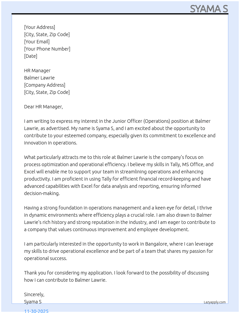 Junior officer (operations ) At Balmer lawrie Cover Letter