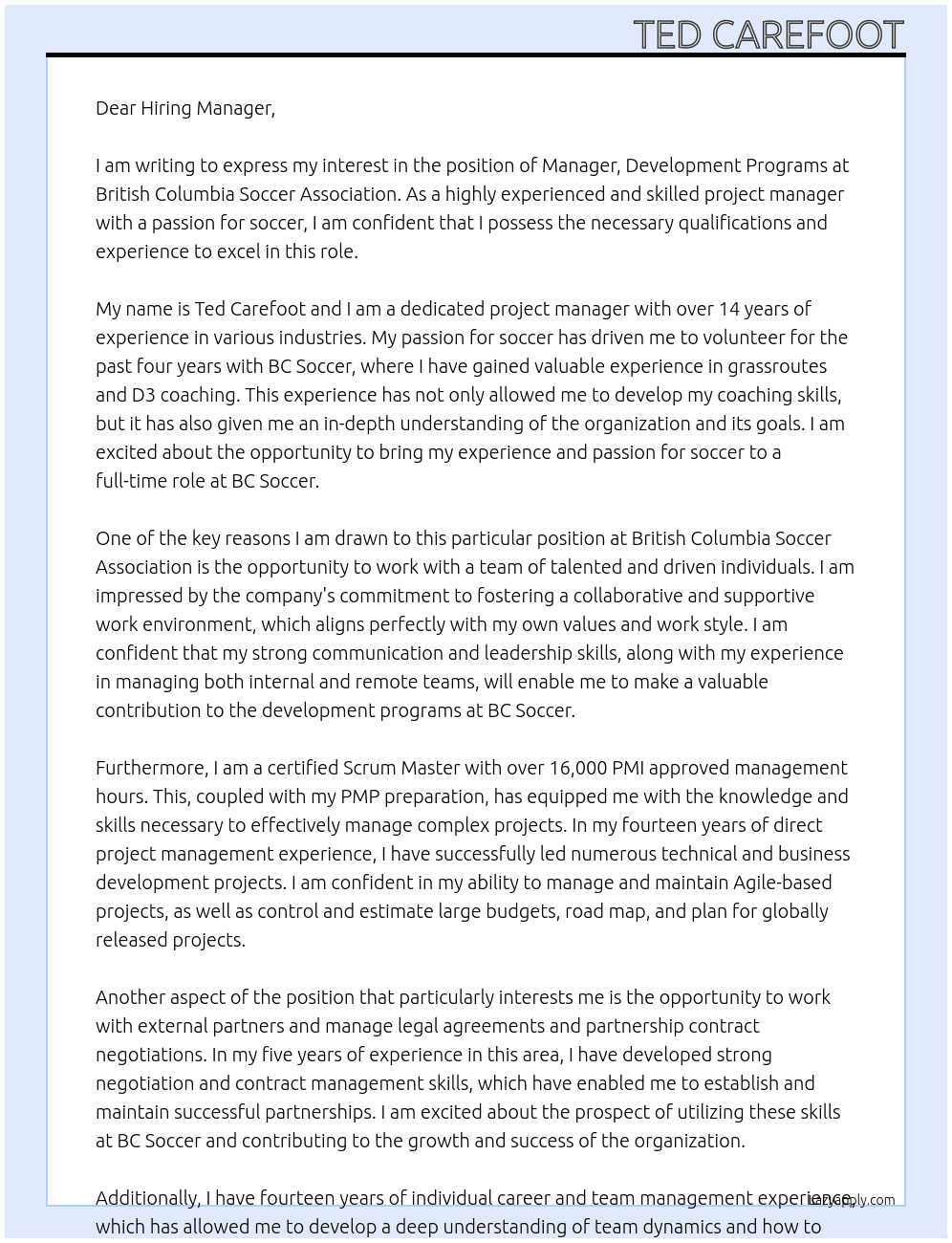 Manager, Development Programs At British Columbia Soccer Association Cover Letter
