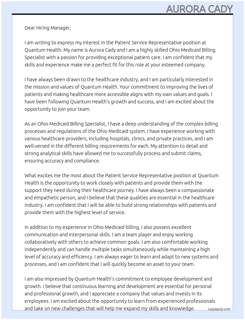 Patient Service Representative At Quantum Health Cover Letter