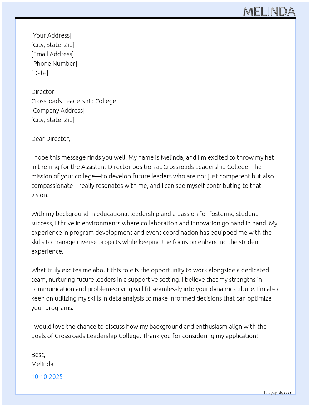 Assistant Director At Crossroads Leadership College Cover Letter