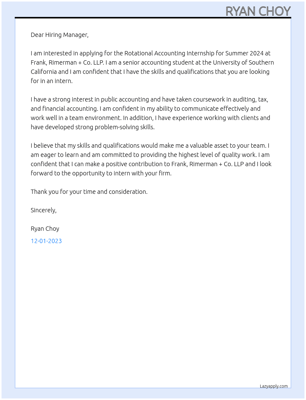 Rotational Accounting Internship - Summer 2024 At Frank, Rimerman + Co. LLP Cover Letter