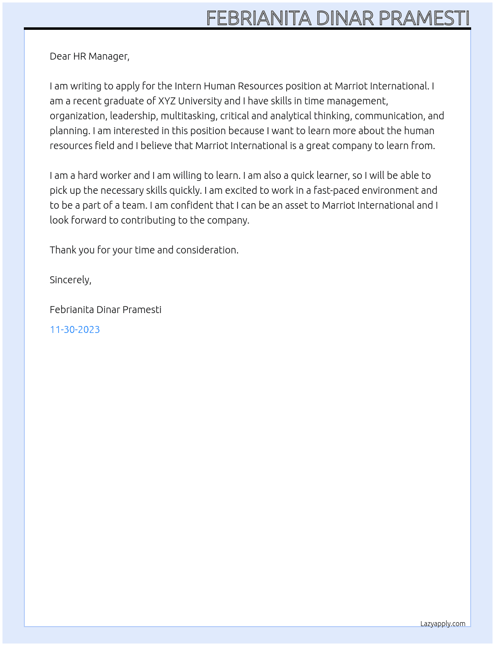 Intern Human Resources At Marriot Internarional Cover Letter