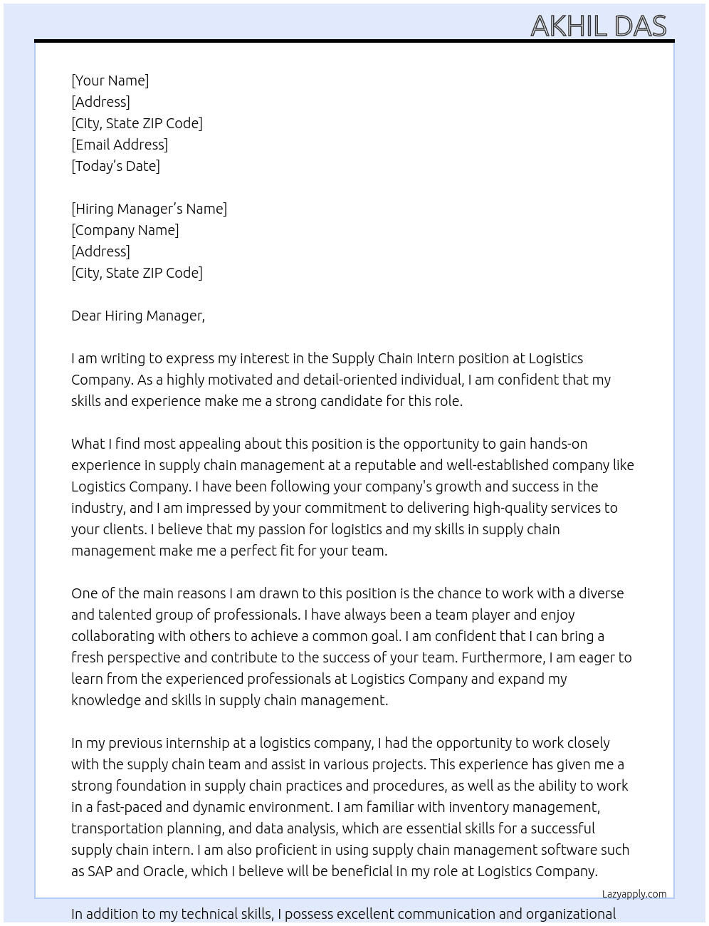 Supply chain intern At Logistics company Cover Letter