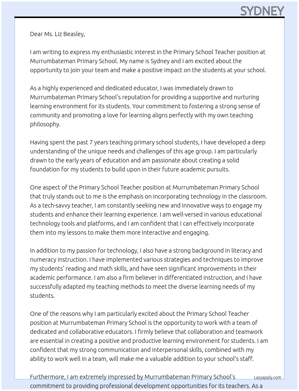 Primary School Teacher At Murrumbateman Primary School Cover Letter