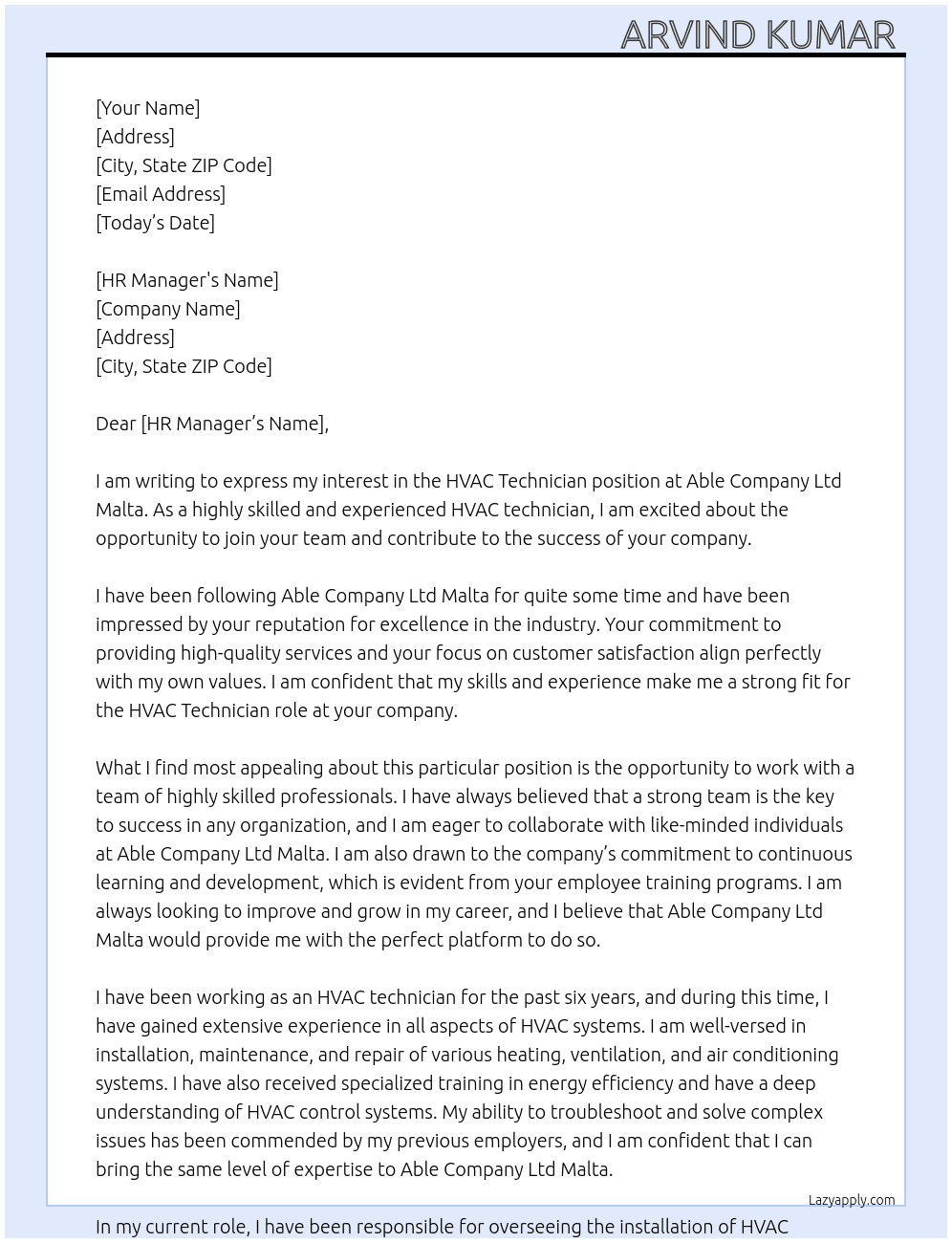 HVAC technician  At Able company ltd malta Cover Letter