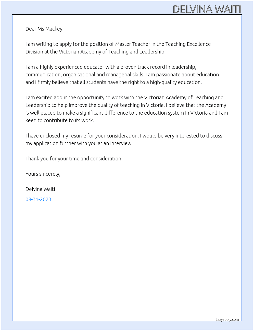 Master Teacher At Victorian Academy of Teaching and Leadership Cover Letter