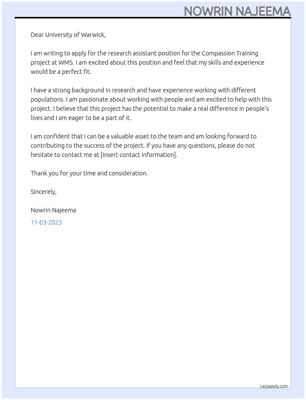 Research Assistant At Research Assistant position for the Compassion Training project at WMS Cover Letter