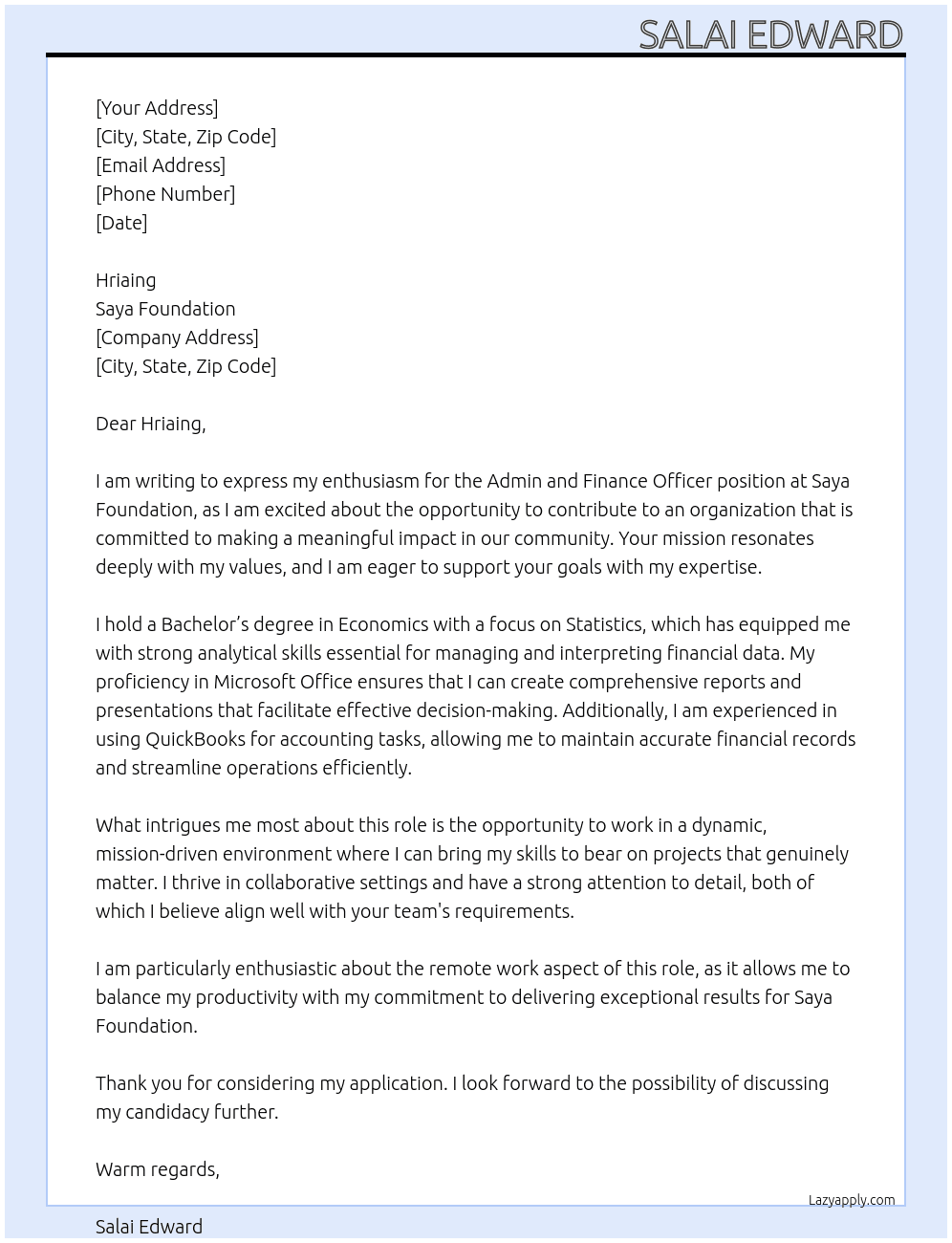 Admin And Finance Officer At Saya Foundation Cover Letter