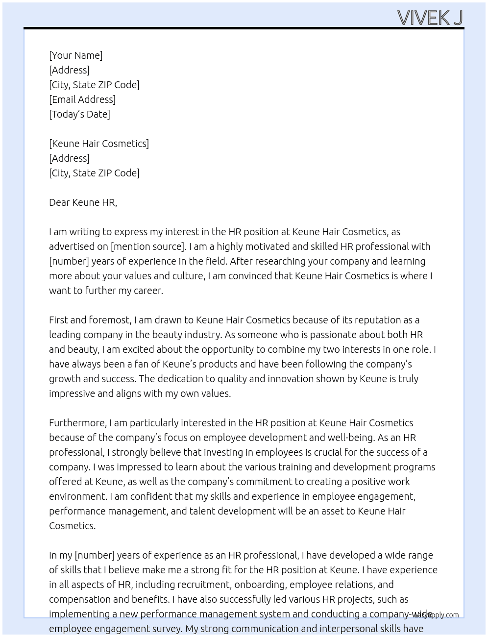 HR At Keune Hair cosmetics Cover Letter
