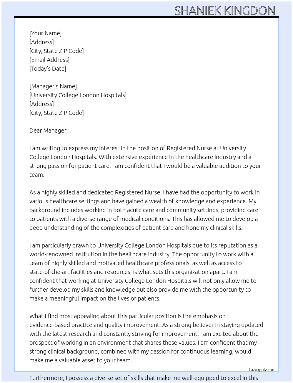 Registered Nurse  At University College London Hospitals Cover Letter