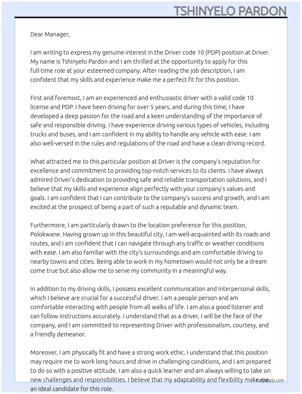 Driver code 10 (PDP) At Driver  Cover Letter
