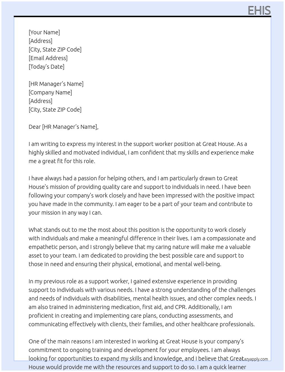 support worker At great house Cover Letter