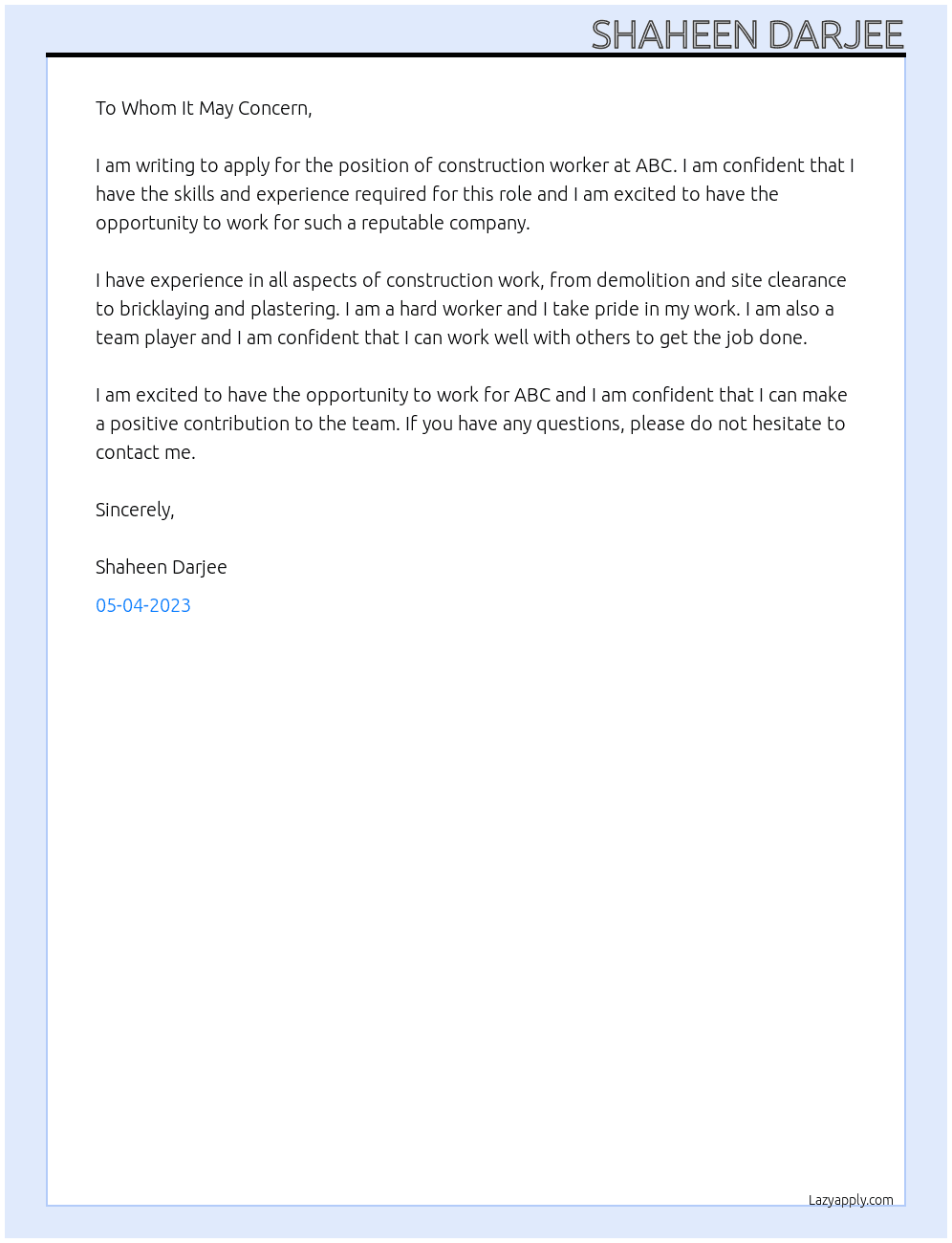 construction worker At ABC Cover Letter
