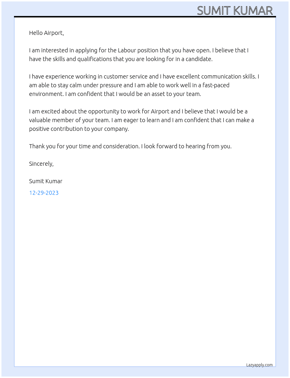 Labour  At Airport  Cover Letter