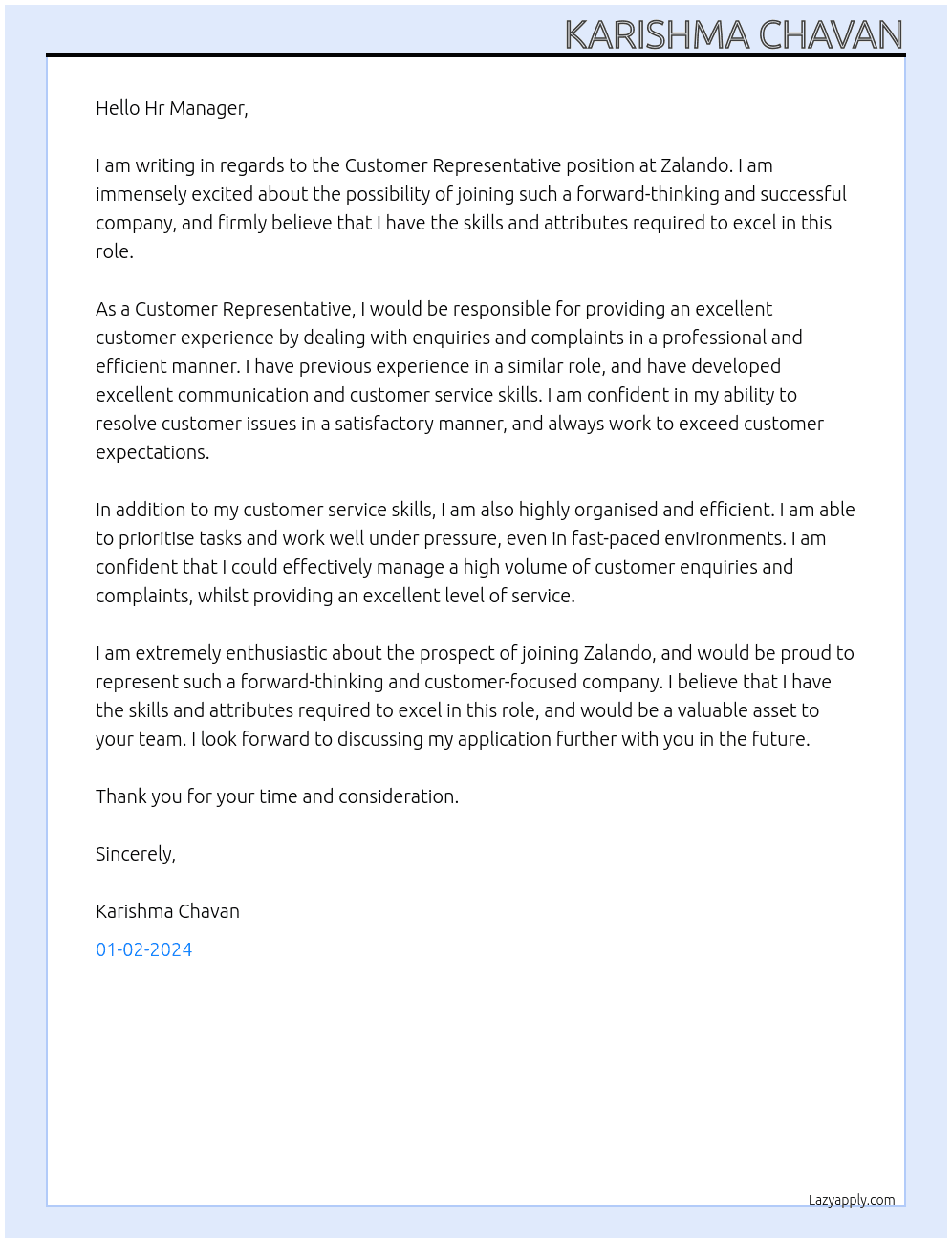 Customer Representative  At Zalando Cover Letter