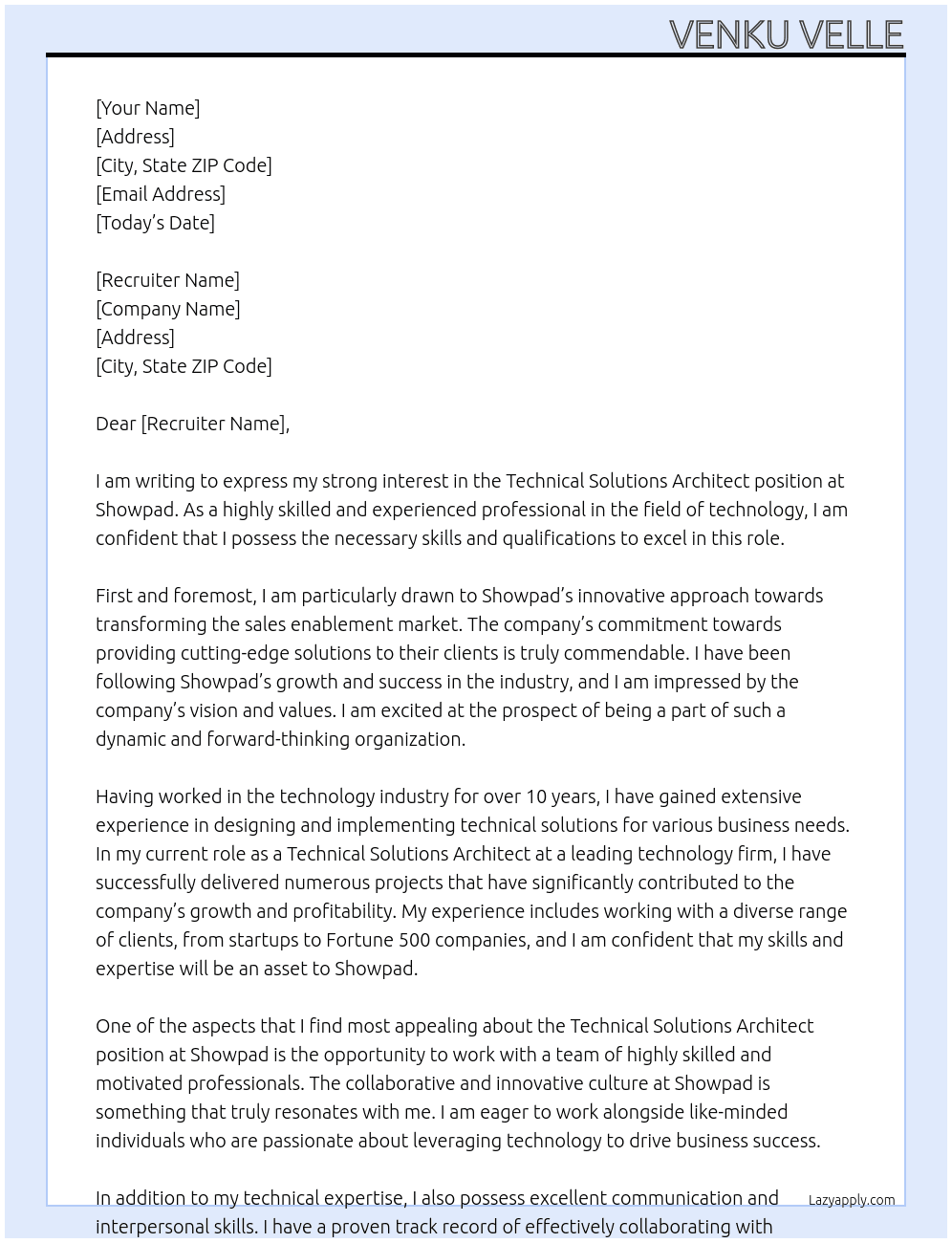 Technical Solutions Architect At Showpad Cover Letter