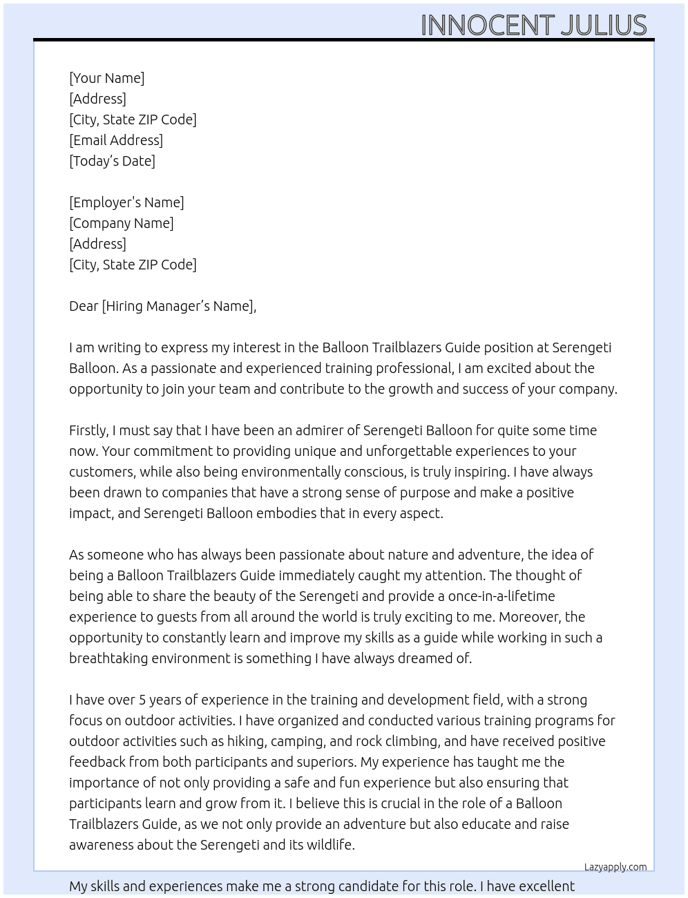 Balloon Trailblazers Guide At Serengeti Balloon. Cover Letter