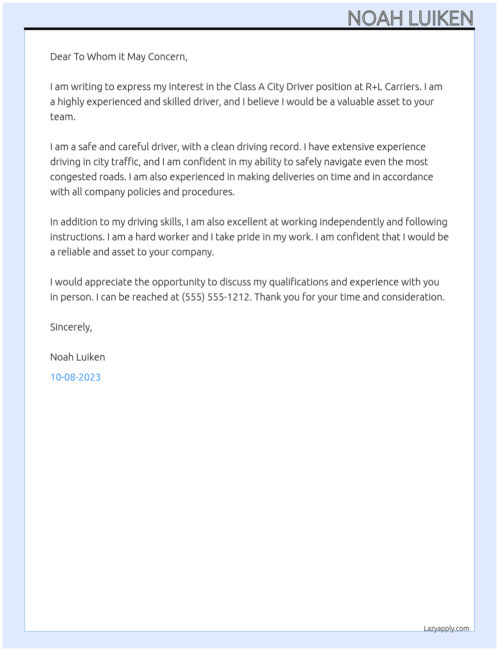Class A City Driver At R+L Carriers Cover Letter
