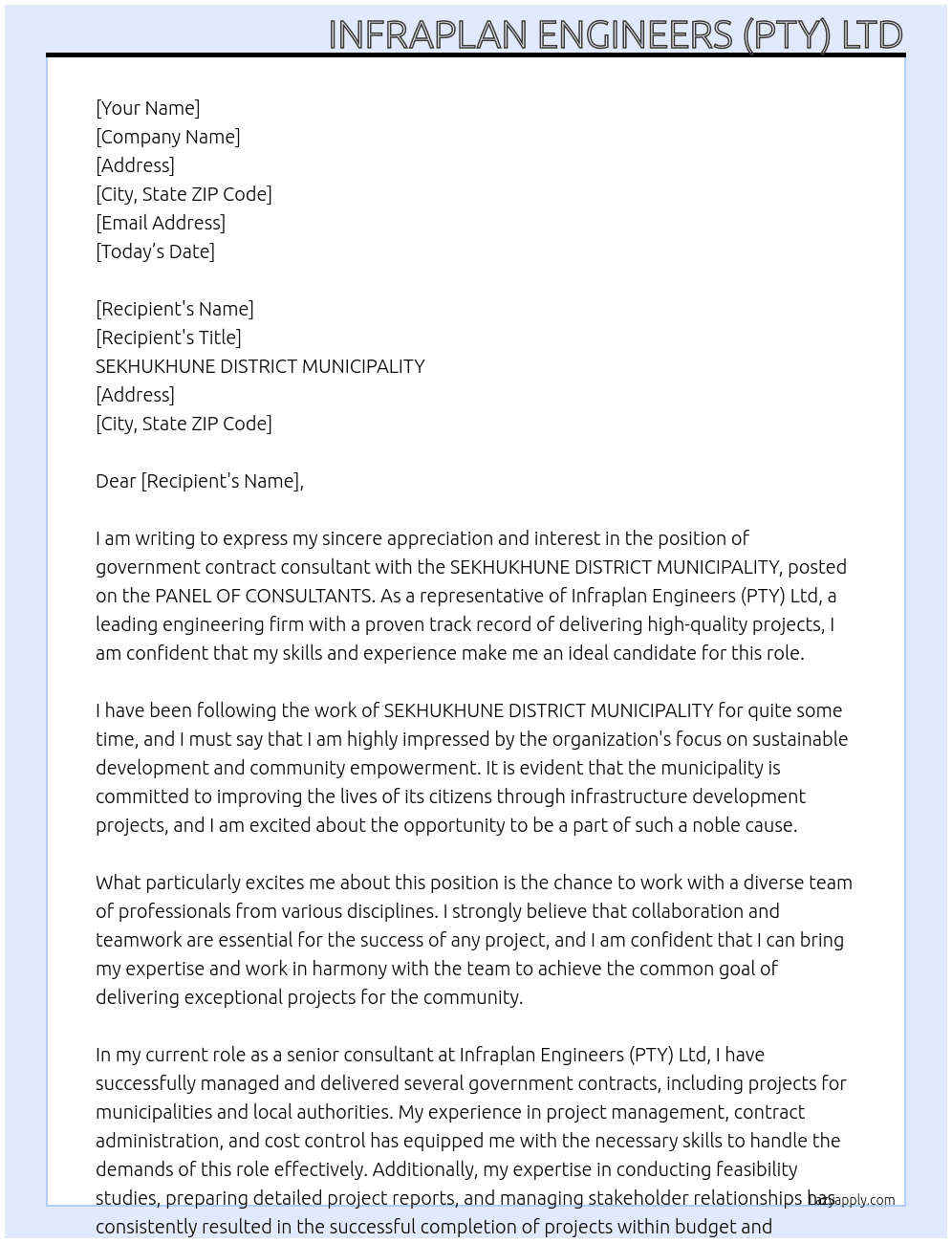 government contarct At PANEL OF CONSULTANTS Cover Letter