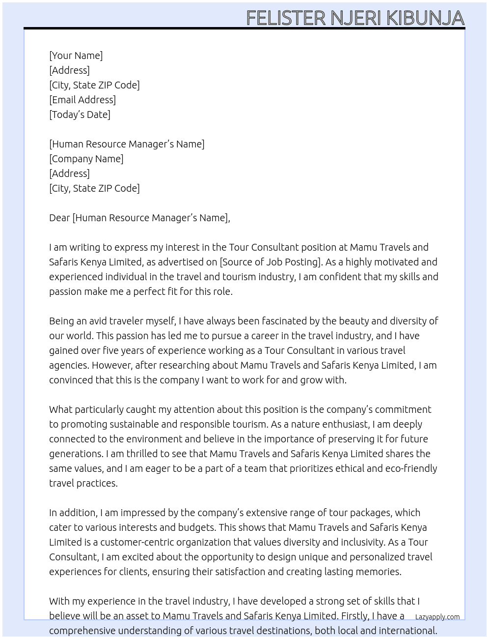 TOUR CONSULTANT At Mamu Travels and Safaris Kenya Limited Cover Letter