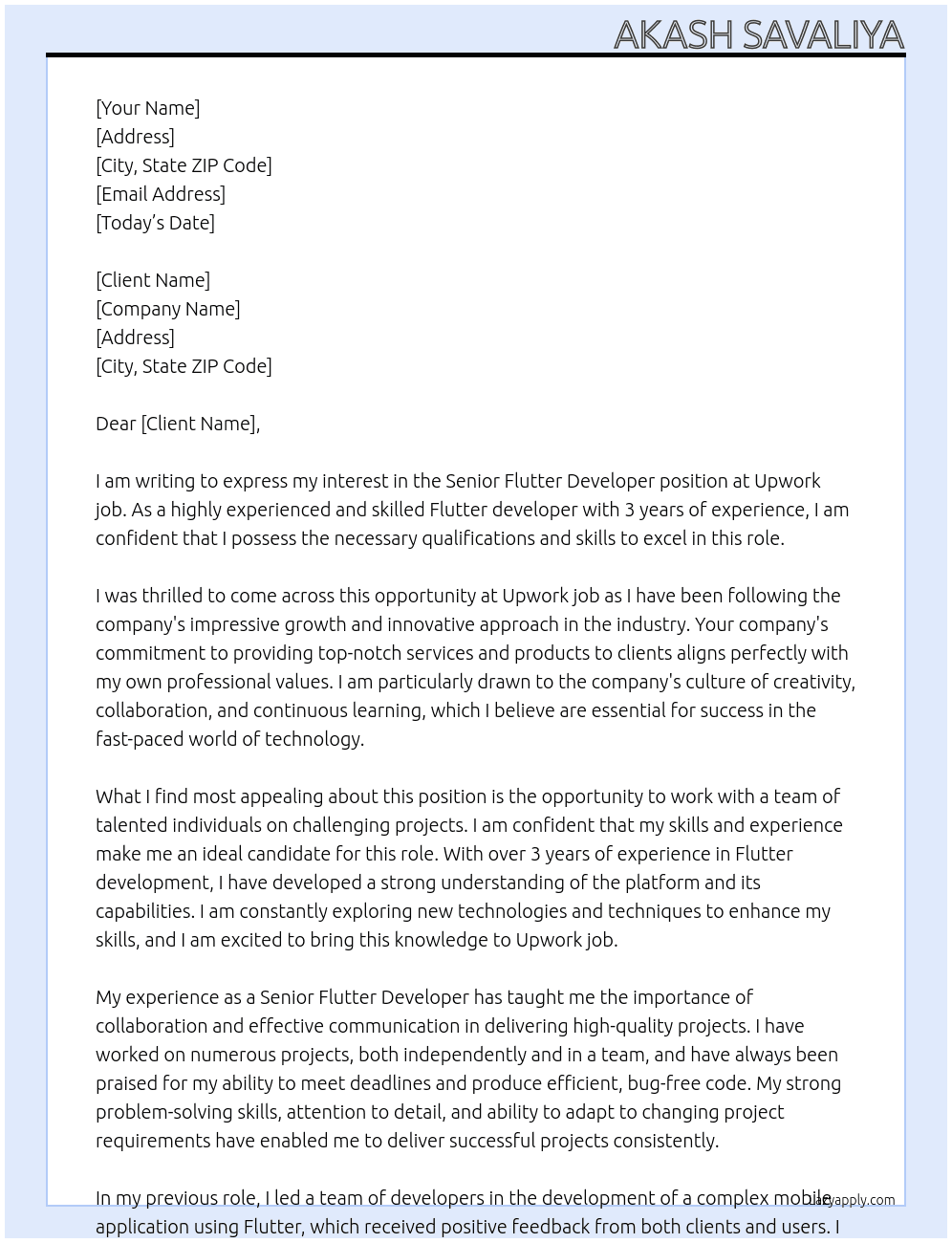 Cover letter for senior flutter developer with 3 years of experience - LazyApply
