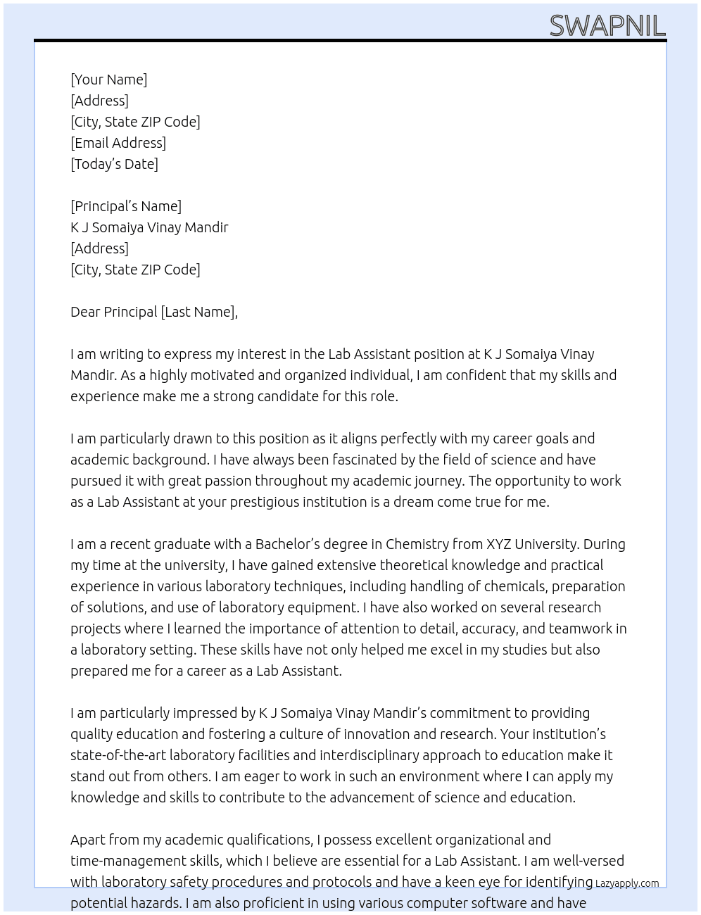 Lab Assistant  At K J Somaiya Vinay Mandir Cover Letter