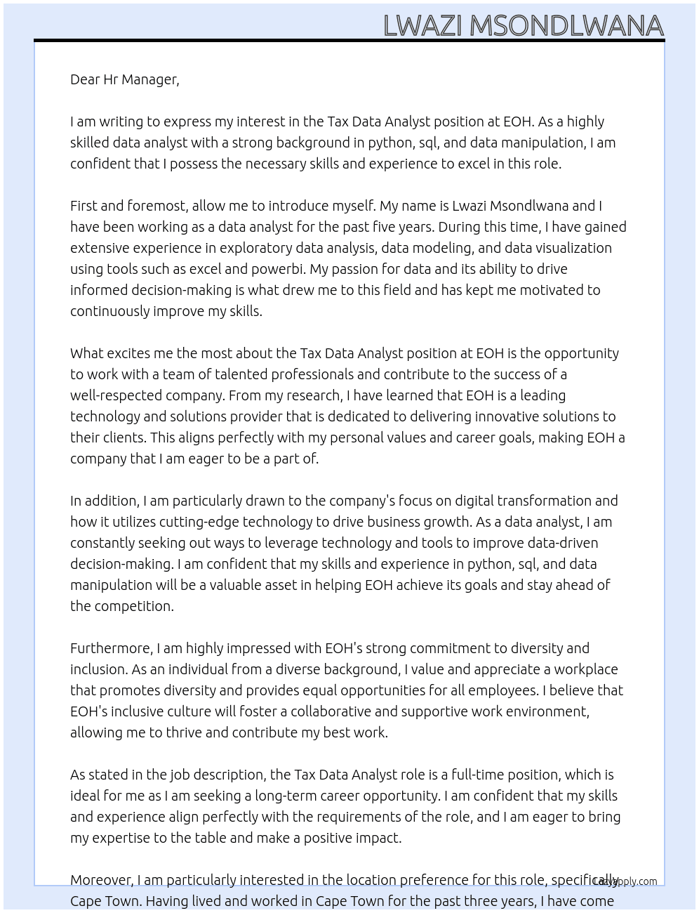 Tax Data Analyst At EOH Cover Letter