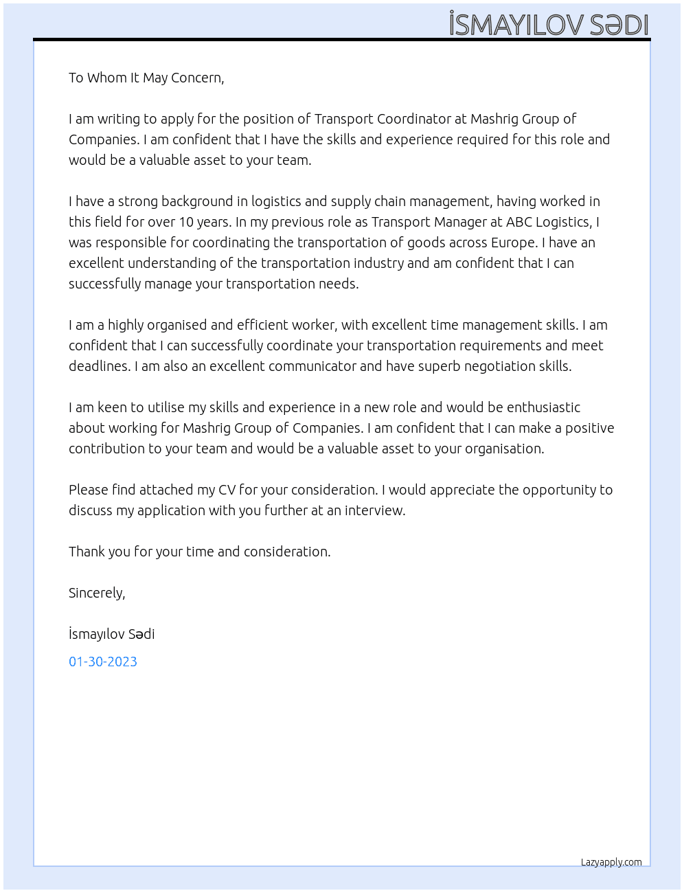 Transport coordinator At Mashrig Group of Companies Cover Letter