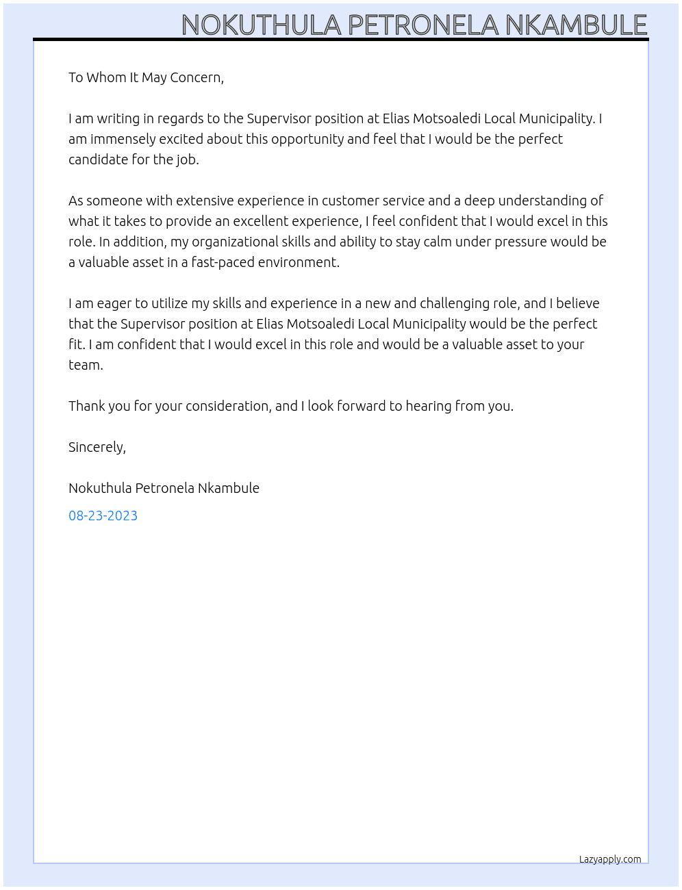 Supervisor At elias motsoaledi local municipality Cover Letter