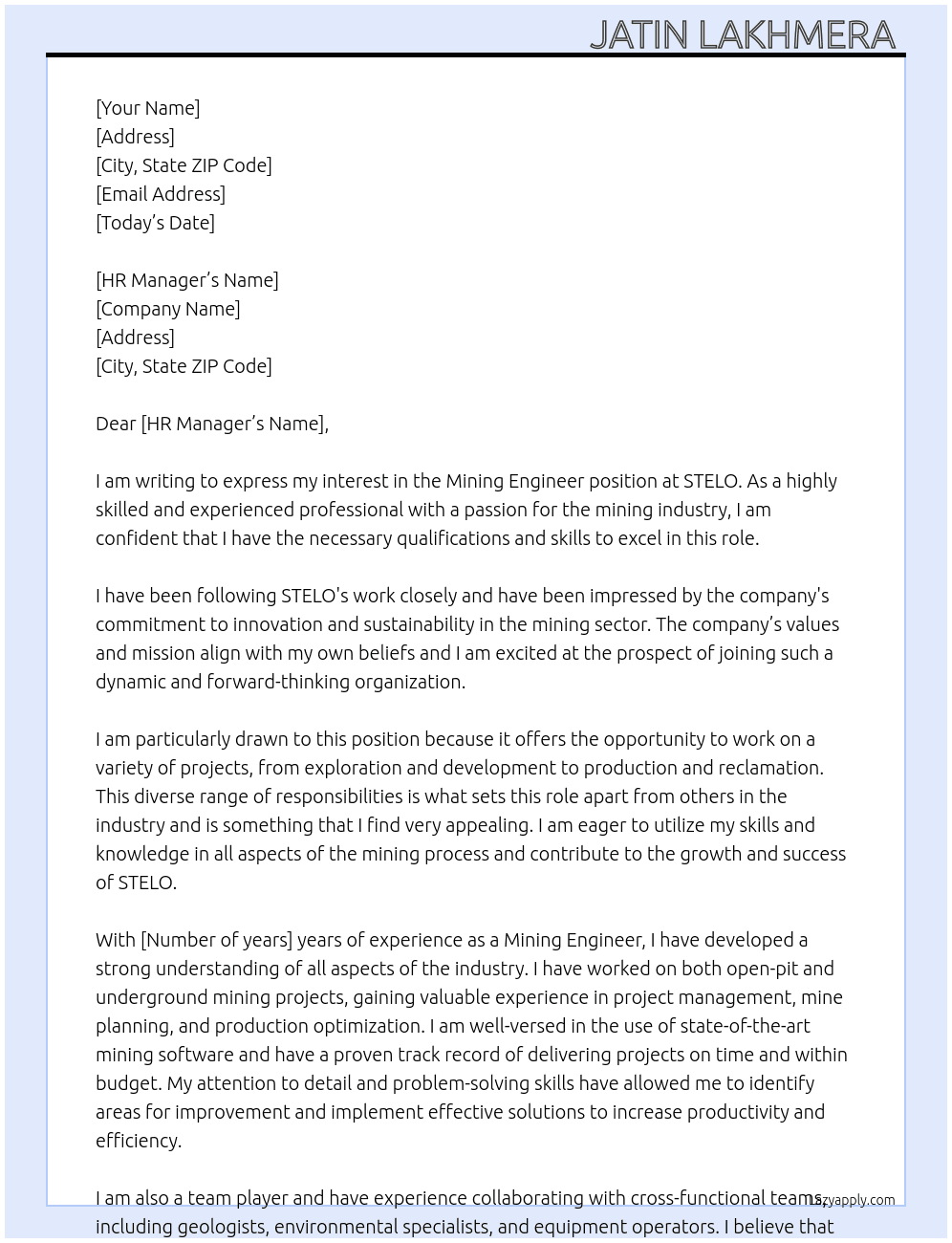 Mining Engineer  At STELO Cover Letter