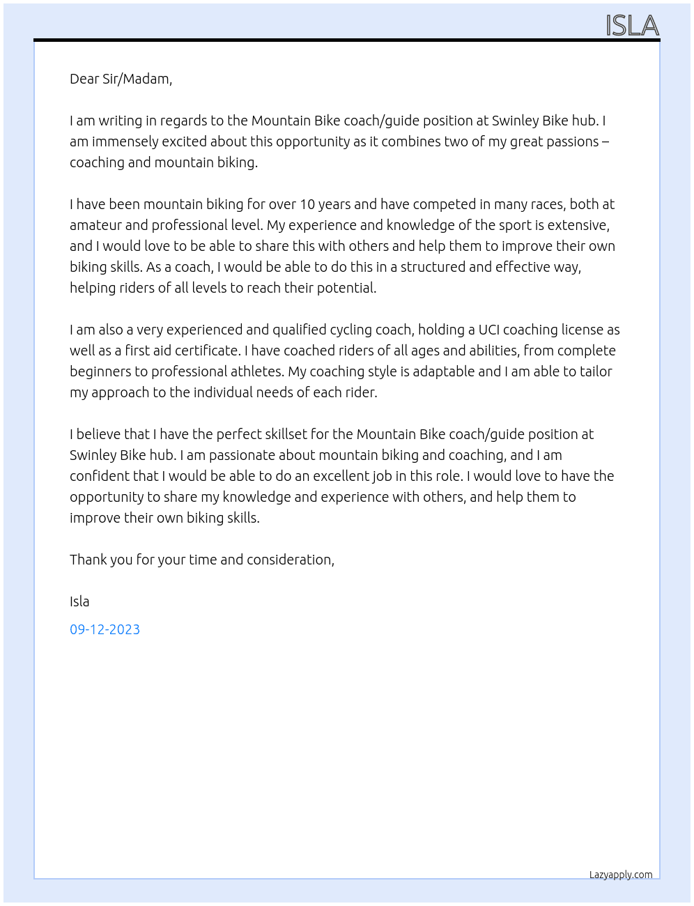 Mountain Bike coach/ guide  At Swinley Bike hub  Cover Letter