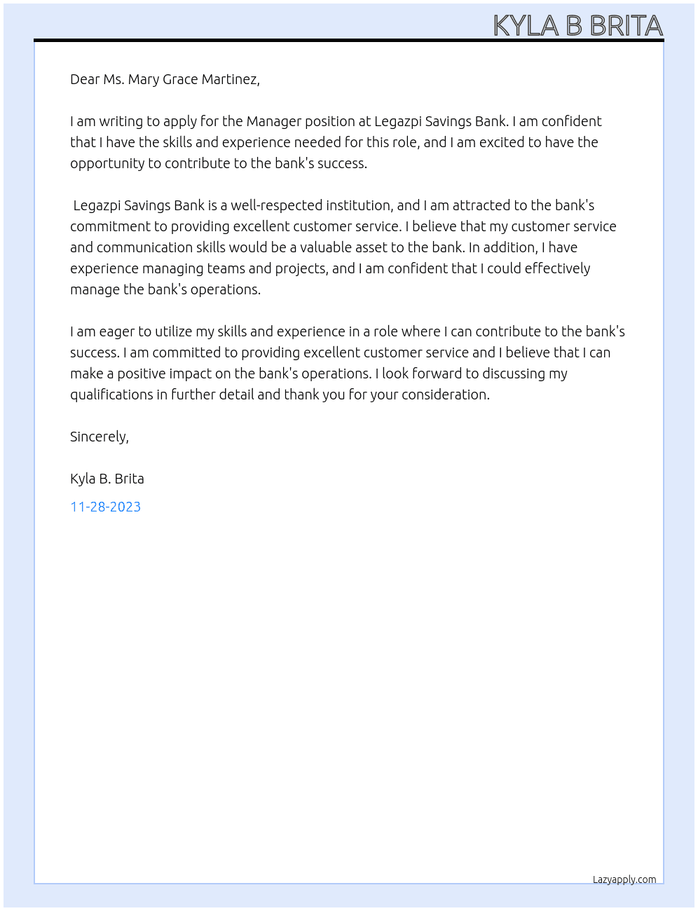 Manager At Legazpi Savings Bank Cover Letter