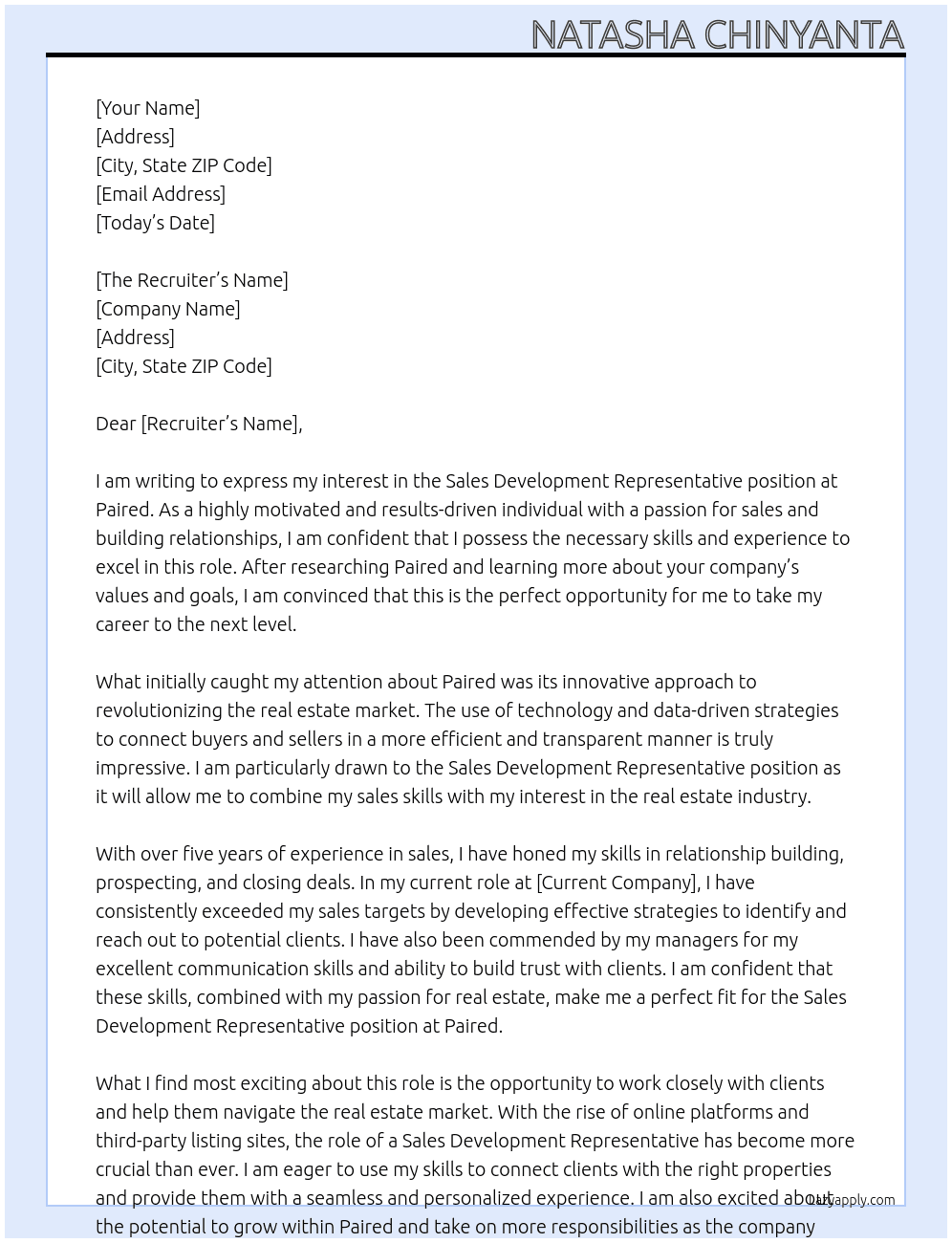 Sales Development Representative At Paired Cover Letter