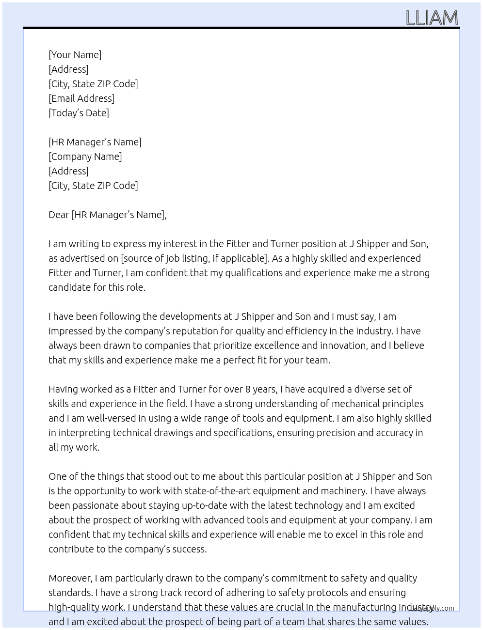 Fitter and Turner  At J shipper and son Cover Letter