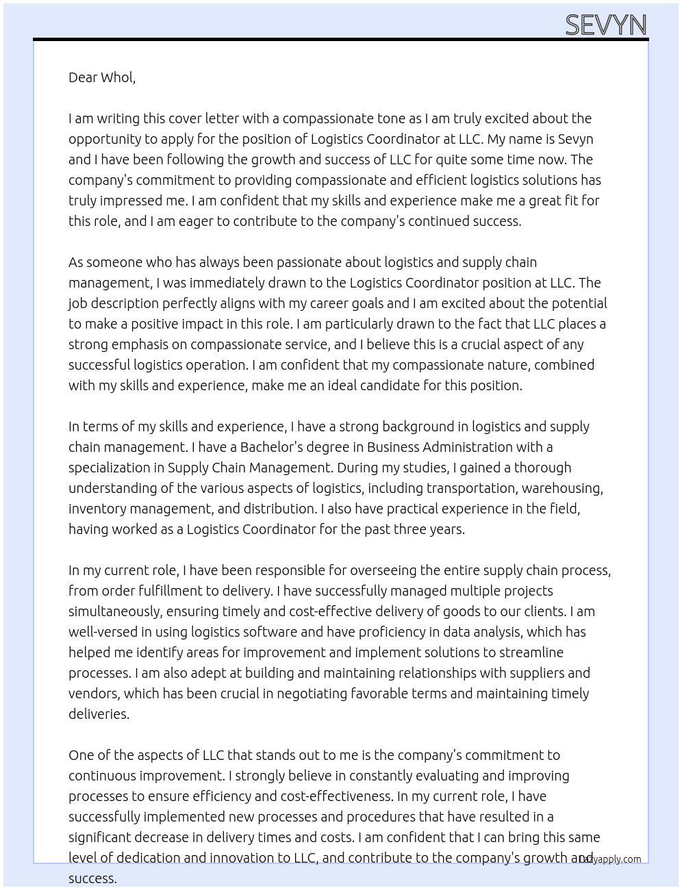 Logistics Coordinator At LLC Cover Letter
