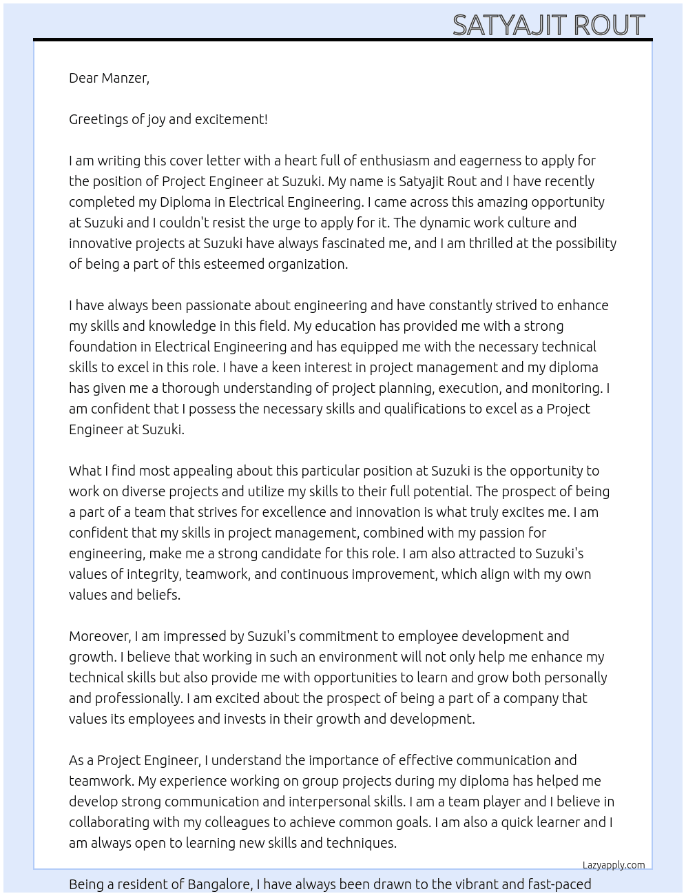 PROJECT ENGINEER  At SUZUKI  Cover Letter