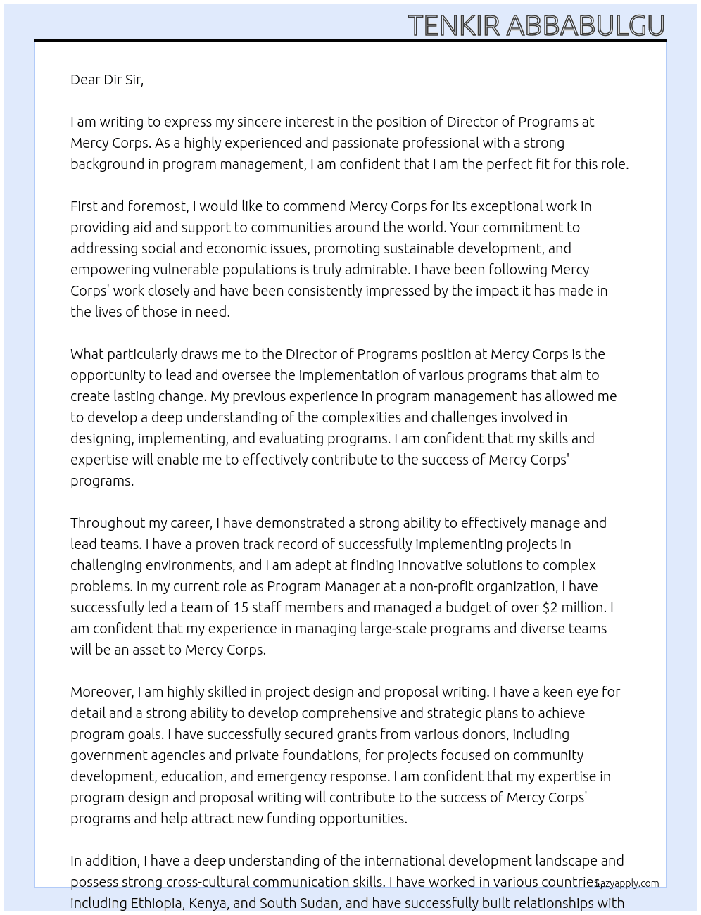 Director of Programs At Mercy Corps Cover Letter