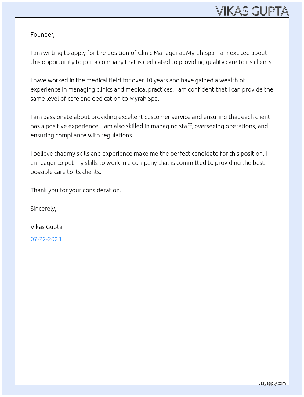 clinic manager  At Myrah Spa Cover Letter