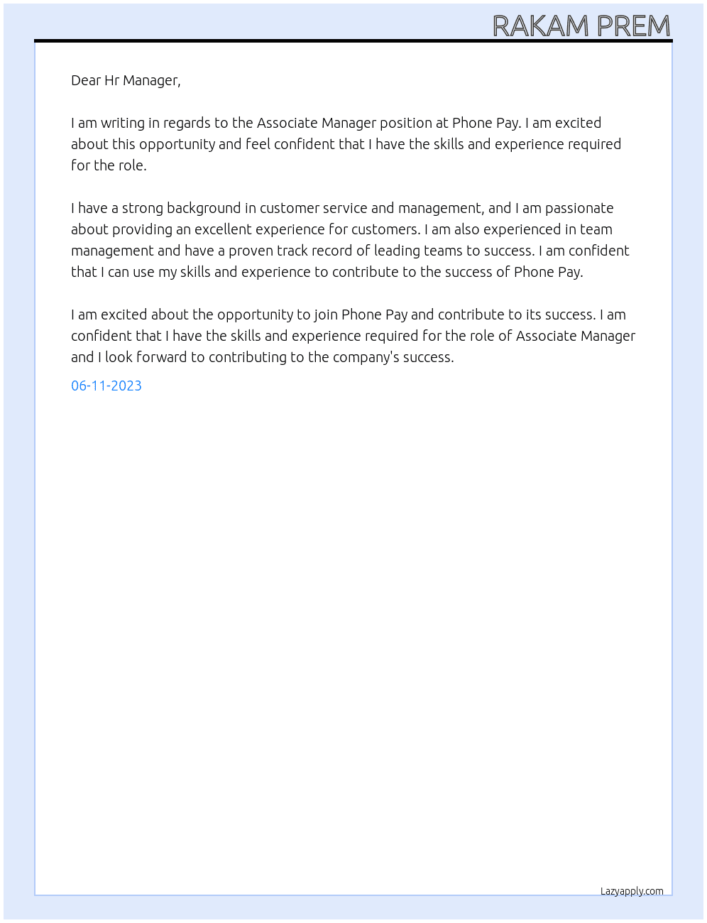 ASSOCIATE MANAGER At PHONE PAY Cover Letter