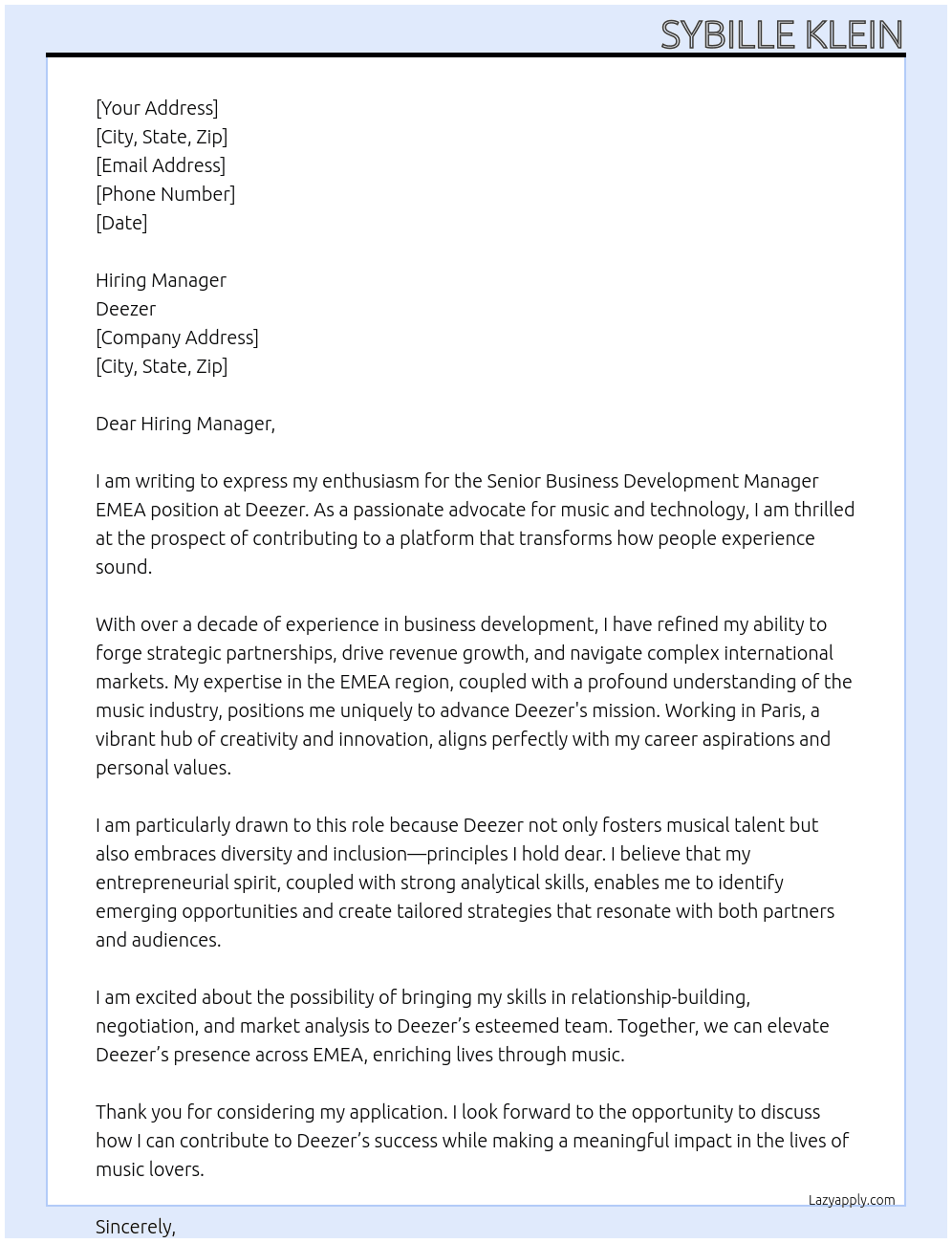 Senior Business Development Manager EMEA  At Deezer Cover Letter