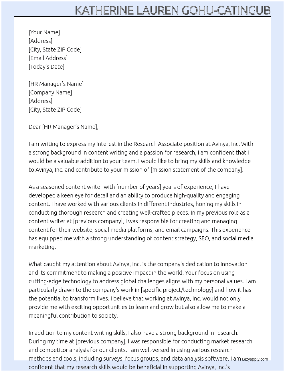 Research Associate At Avinya, Inc. Cover Letter