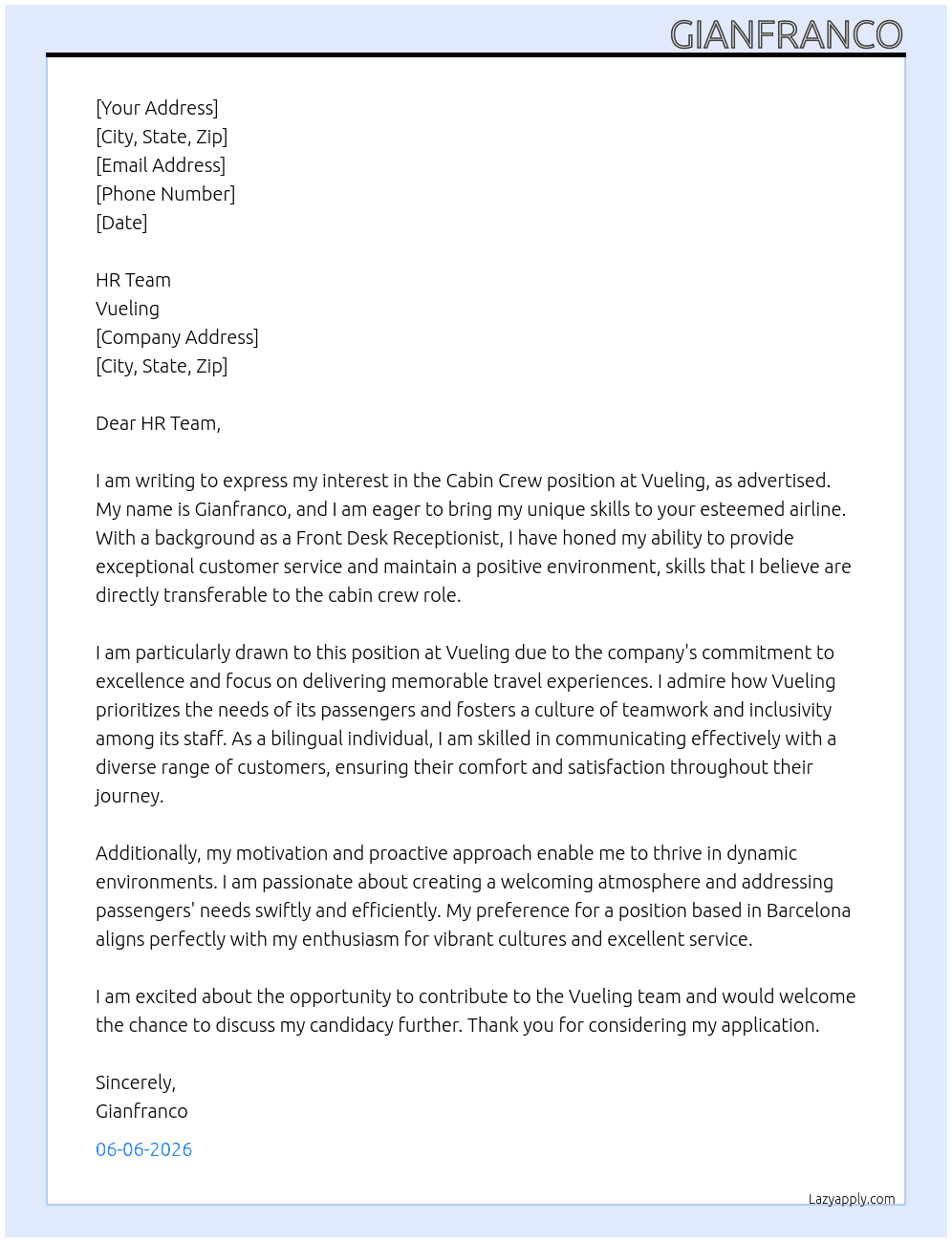 Cabin Crew At Vueling Cover Letter