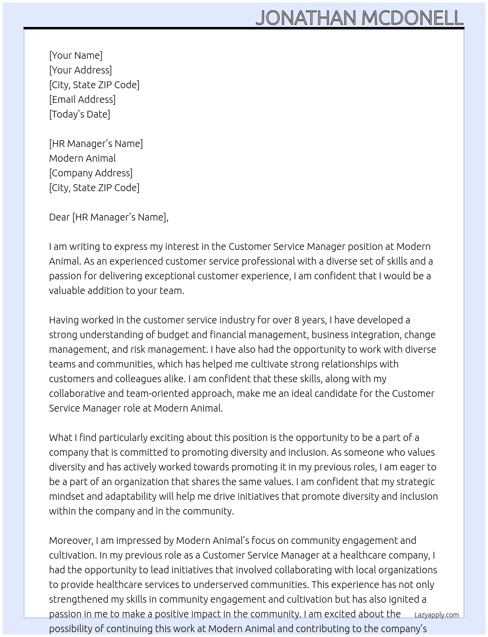 Customer Service Manager At Modern Animal Cover Letter