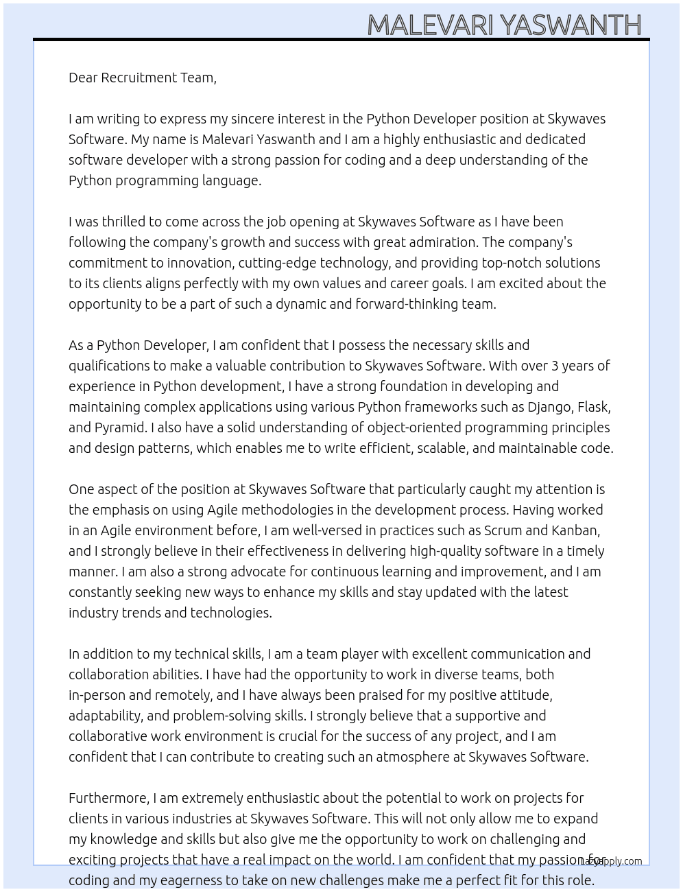 Python Developer  At Skywaves Software  Cover Letter