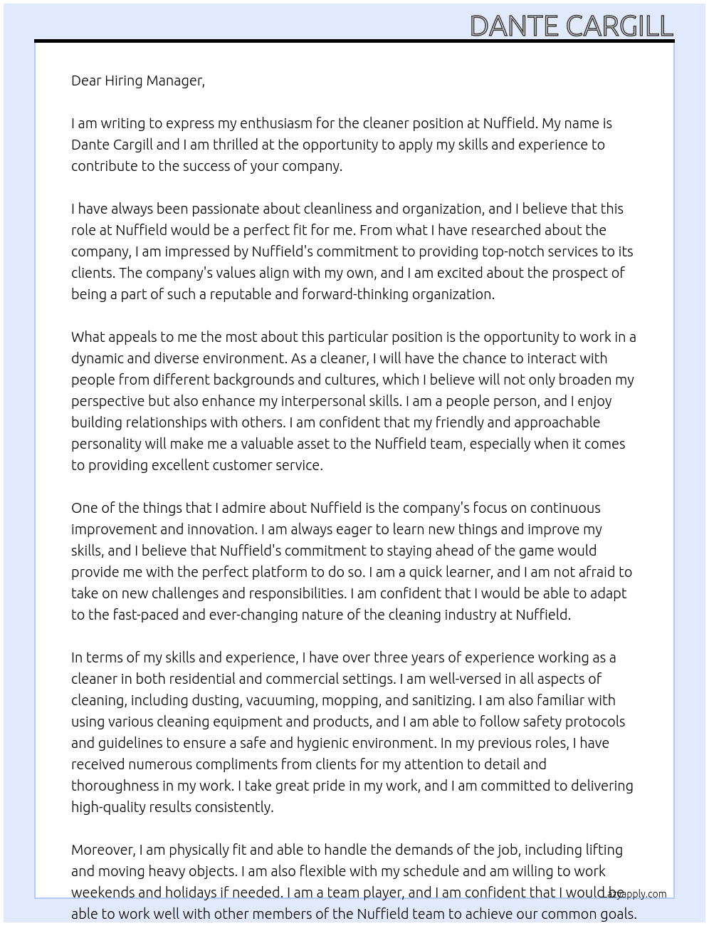 Cleaner At Nuffield Cover Letter