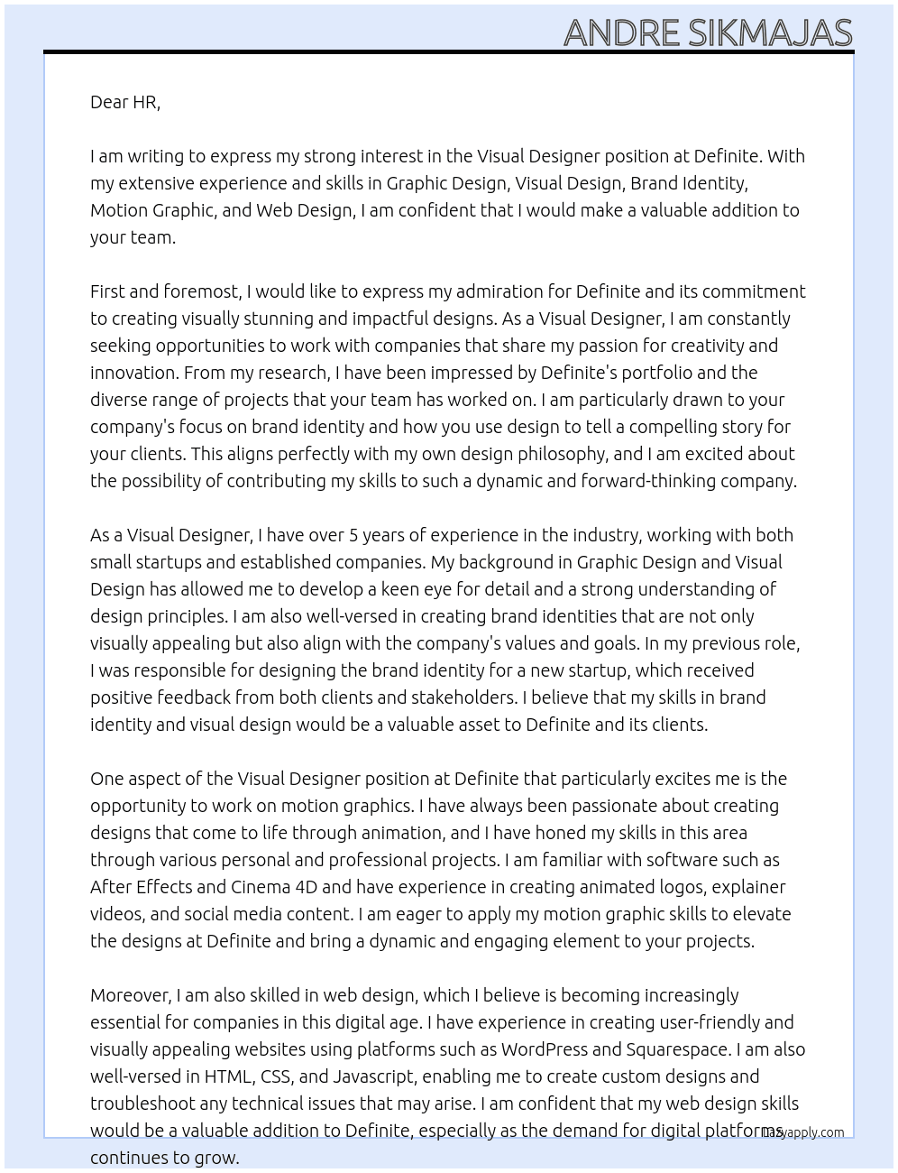 Visual Designer At Definite Cover Letter