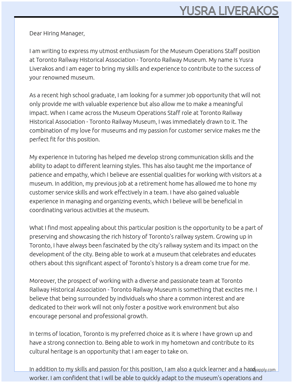 Museum Operations Staff At oronto Railway Historical Association - Toronto Railway Museum Cover Letter