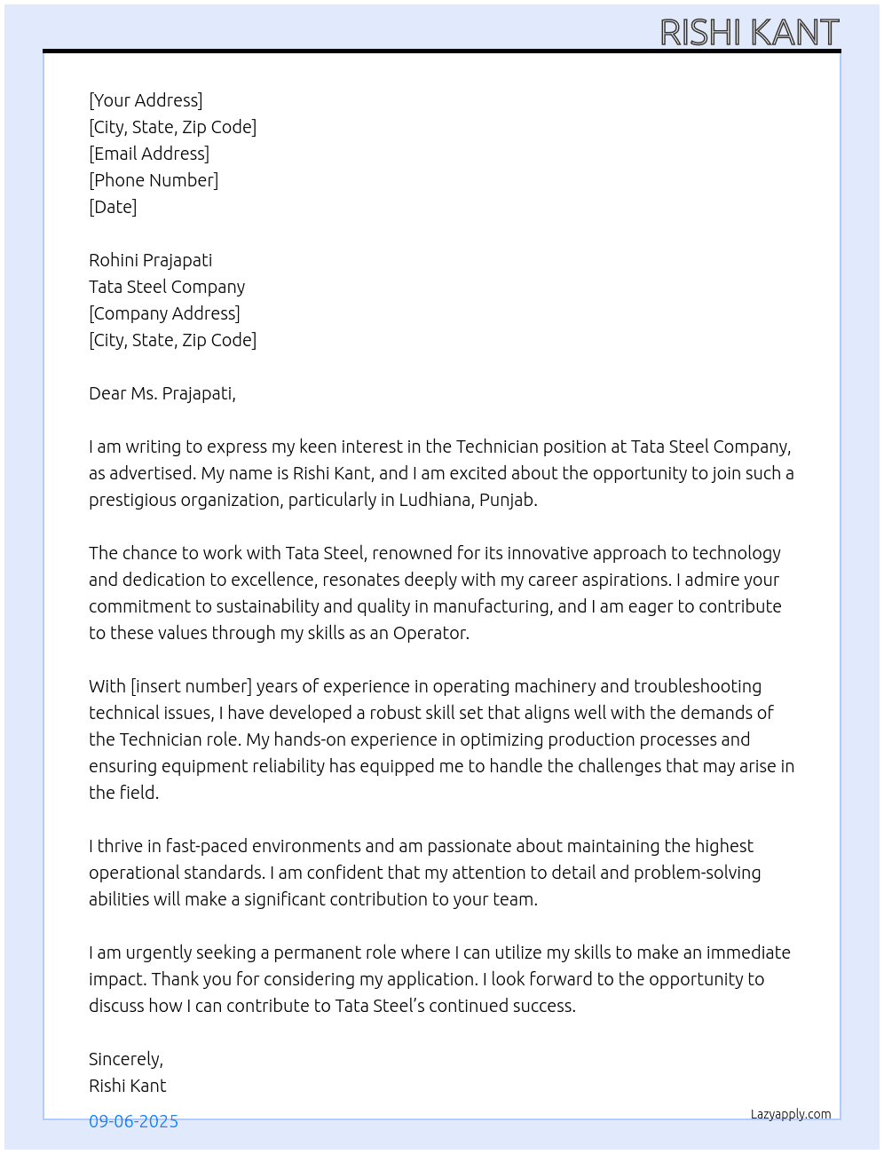 Technician  At Tata steel company  Cover Letter