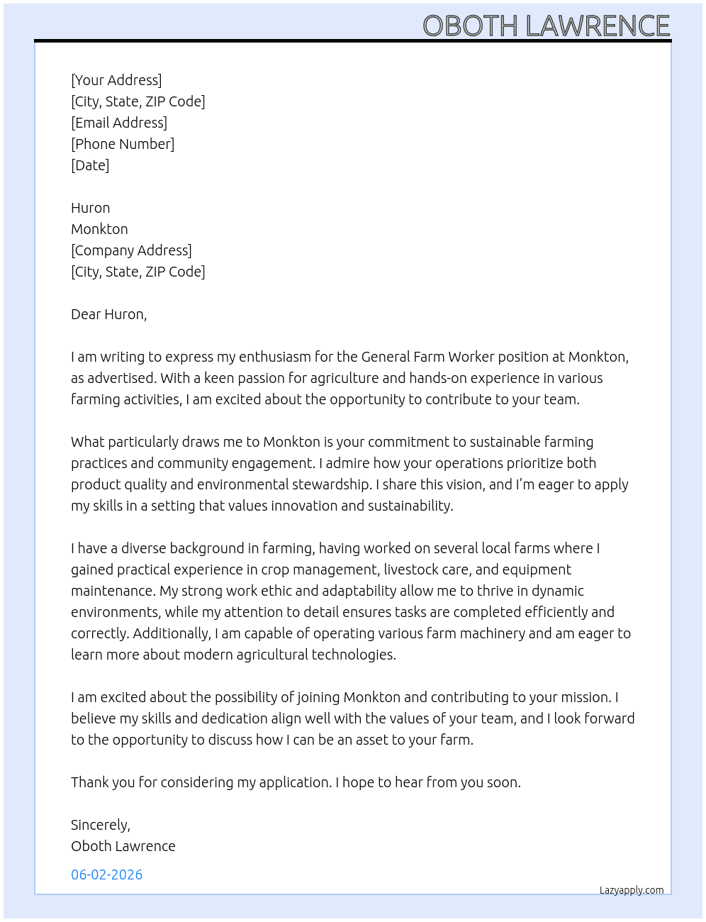 General Farm Worker At Monkton Cover Letter